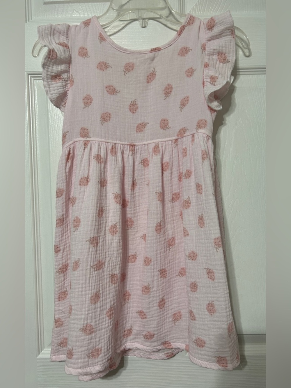 Rabbit + Bear Girls Pink Strawberry Print Dress Flutter Sleeves Cotton NWOT 8